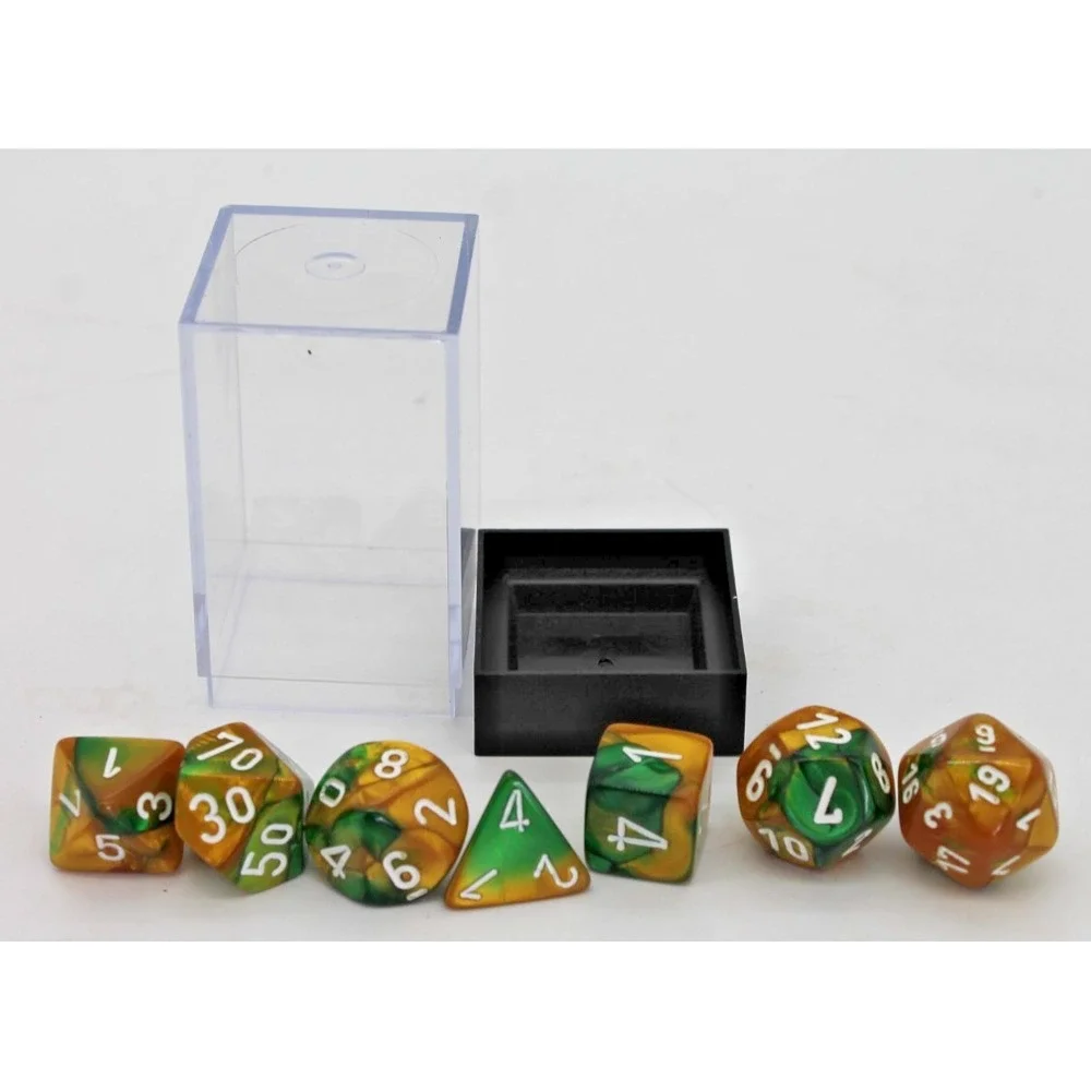 7 Piece Polyhedral Blend Orange Green Gaming Dice Set With Container D&D RPG